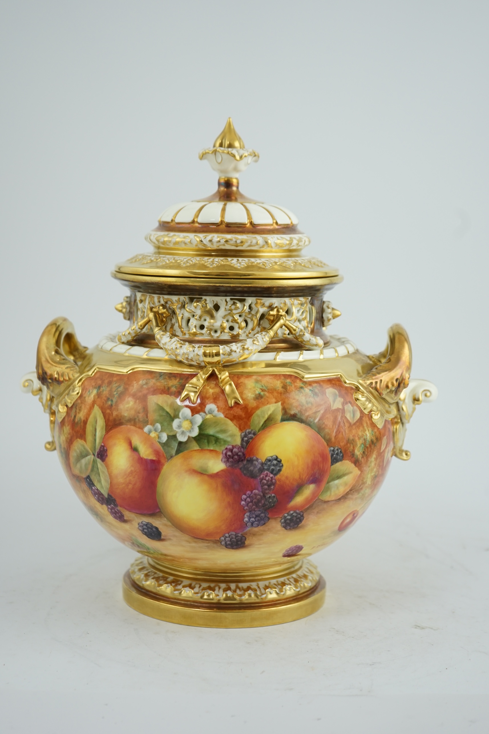 An impressive Royal Worcester fruit painted pot pourri vase and cover, by P. Stanley, post war